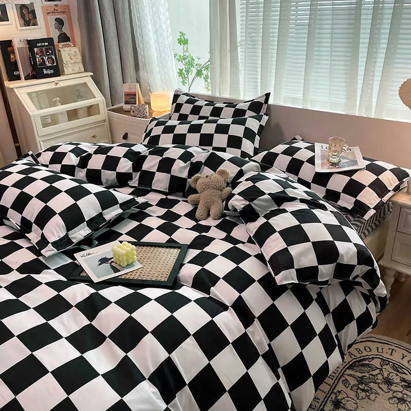 Sängkläder set checkerboard sängkläder set varm försäljning enkel drottning storlek platta ark quilt täcke täcke fall polyester sängkläder hem textil z0612