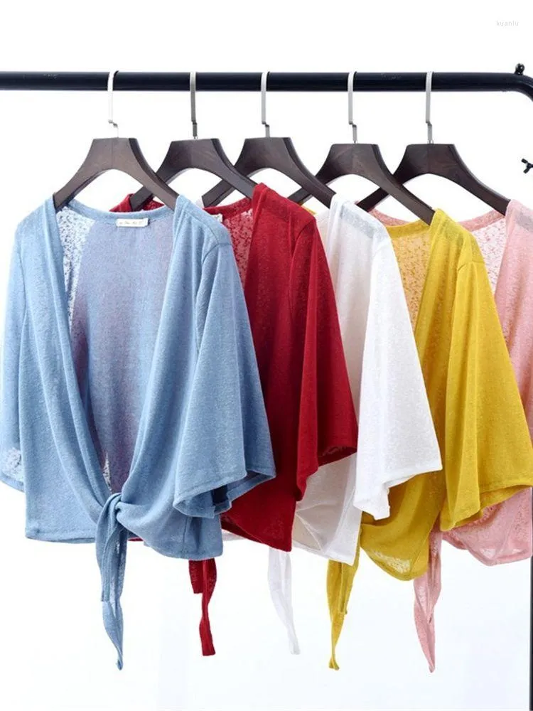 Kvinnors blusar 2023 Summer Korean Fashion Chiffon Blue Women Kimono Cardigan White Autumn Boho Topps Beach Shirt Air Conditioner