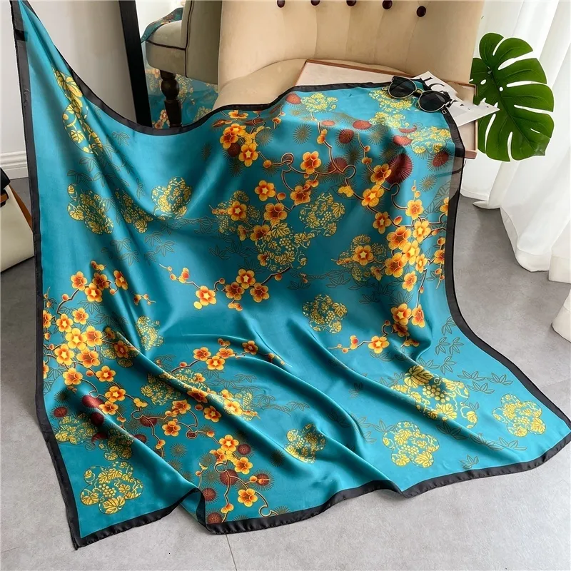 Sarongs Luxury 110cm Square Scarf Women Hijab Large Silk Scarfs Muslim Headscarves Wrap Floral Shawl Bandana Foulard Female Bufanda 230609