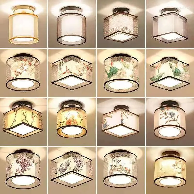 Ceiling Lights Chinese Style 12W Led Bulb Lamp Embroidery Fabric Lampshade For Home Room Decor Aisle Lighting Fixtures