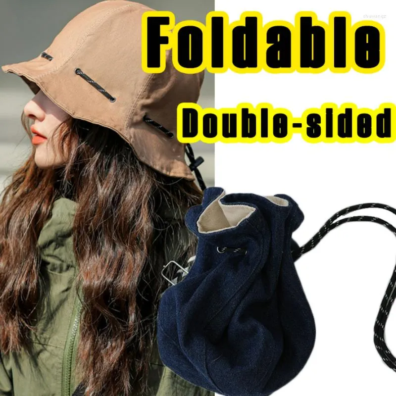 Bérets Mode Double face Pliable Porte-Monnaie Porte-Monnaie Cordon De Serrage Multifonctionnel Denim Seau Caps Pare-Soleil Crème Solaire UV Pêcheur Chapeau