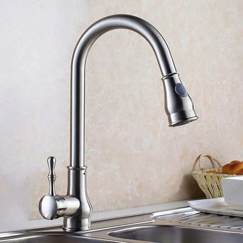 Kitchen Faucets Single Handle Pull Down Deck Mounted Faucet Brass Material Brushed Nickel Cold And Water Tap AT9724