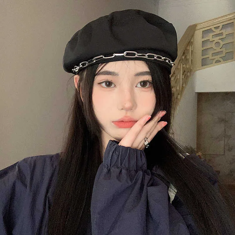 Y2K Womens Chain Womens Black Beret Japanese Sweet Cool Big Head Paint Hat  For Spring/Summer Ultra Thin Black G230612 From Sihuai06, $12.2 | DHgate.Com