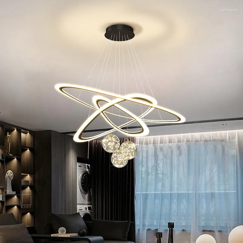Żyrandole nowoczesne lampa wiszące pierścienie LED Circle Circle Sufit wiszący żyrandol czarny do życia jadalnia kuchnia oświetlenia wewnętrzna