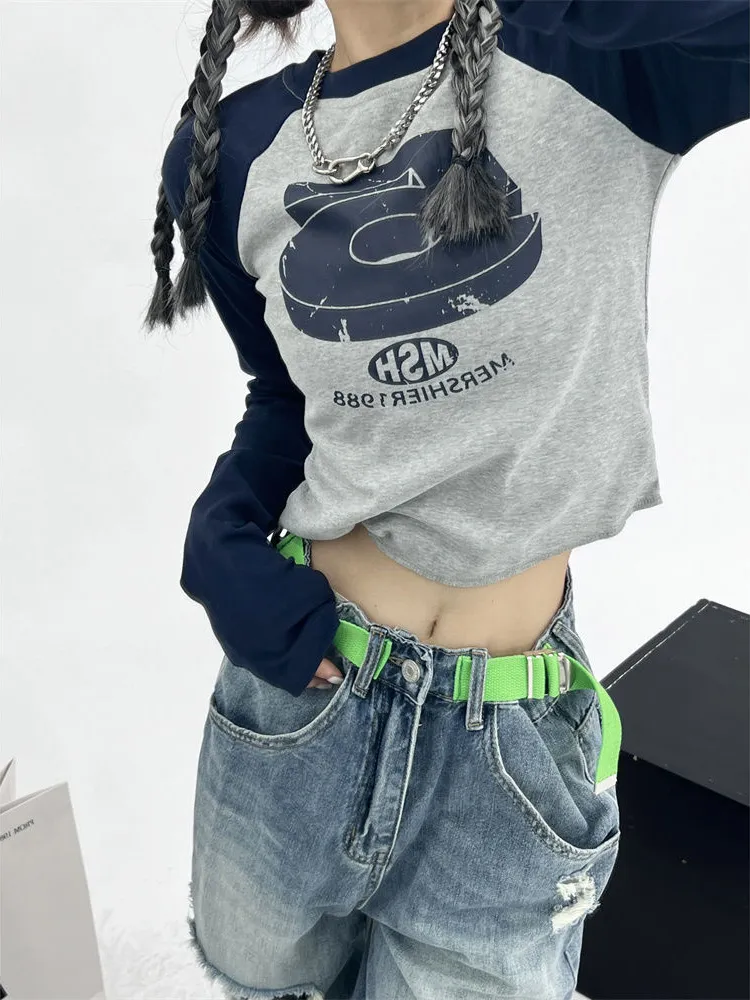 T-Shirt Femme T-Shirt Femme Slim Crop Top Rétro Élastique Pulls Mode Coréenne Imprimer Grunge Vintage T-Shirt À Manches Longues Y2k Patchwork Streetwear 230612