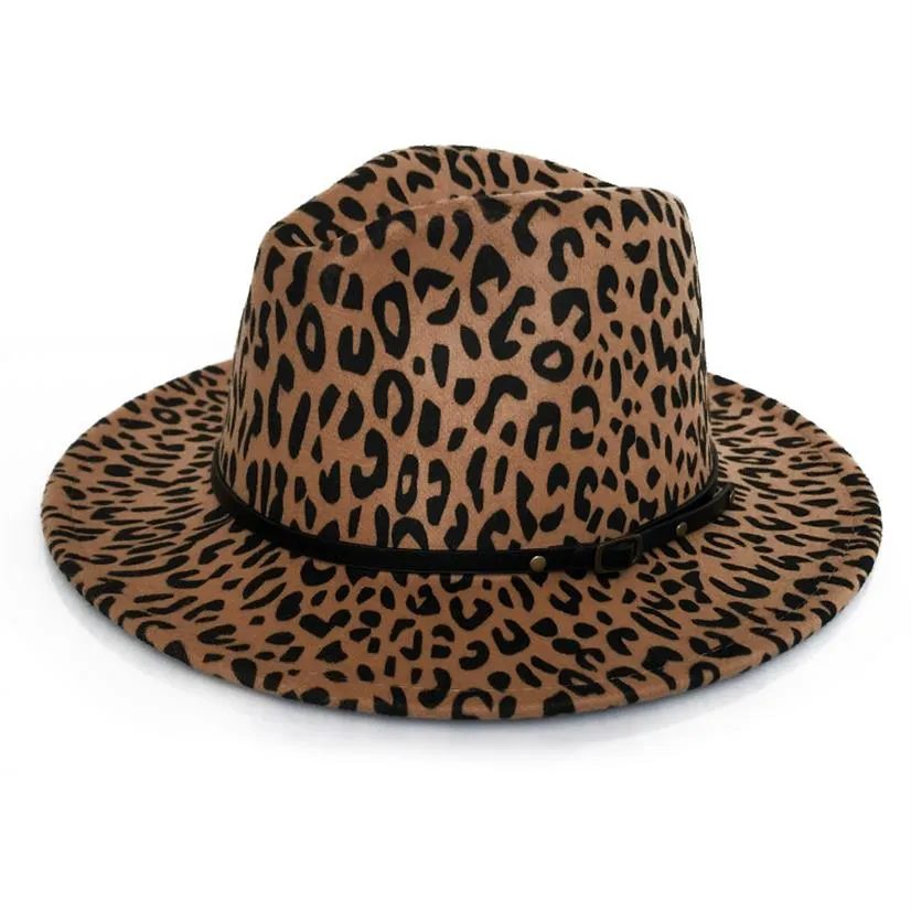 Moda Feminina Lã Estampa de Leopardo Feltro Fedora Jazz Chapéus Clássico Chapéu-Coco Senhoras Tendência Abas Grandes Panama Party Trilby Cap293n