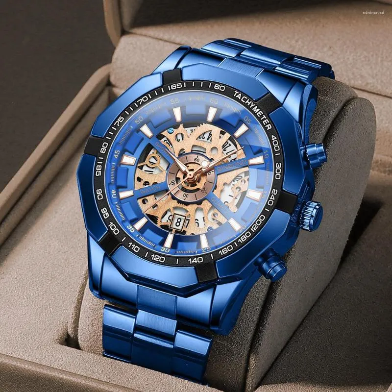 Montres-bracelets BINBOND Squelette Non Mécanique Montre-Bracelet Pour Hommes Étanche Quartz Montre-Bracelet Bleu Reloj Top Vente Mode Acier Homme