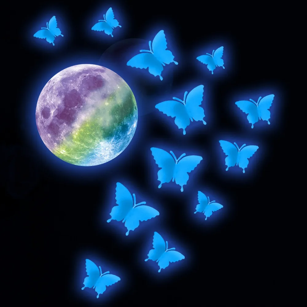 Blå ray 3d fjäril lysande väggklistermärken för barn rum hem dekor dekaler lysrör regnbåge måne glöd i de mörka klistermärkena