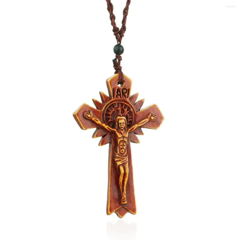Pendant Necklaces Women Catholic Crucifix Cross Necklace Red Acrylic Sun God Retro Religious Jesus Jewelry Men Gifts IARI