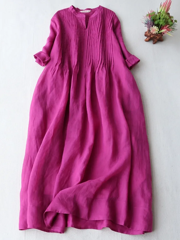 Basic Casual Dresses Cotton Stand Collar Elegant Organ Pleats Three Quarter Sleeve Loose Office Lady Party Dress Long Maxi Sundress 230612