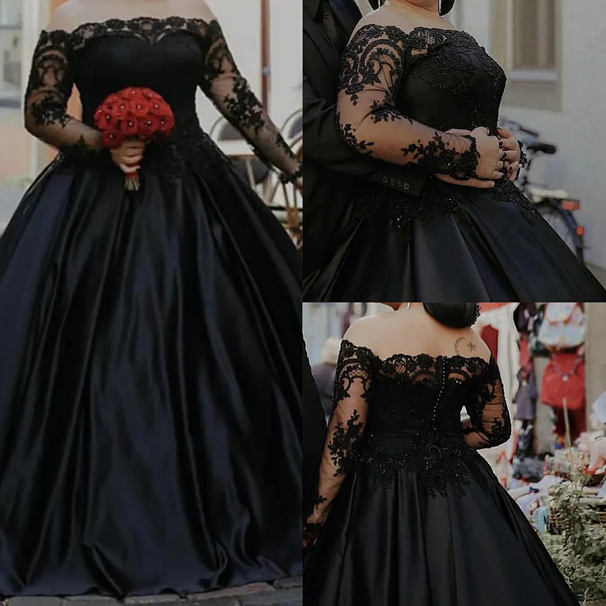 Bateau Neck Black Gothic Wedding Dresses Long Sleeve Lace Appliques A Line Satin Bridal Gowns Gorgeous Plus Size Bride Wear Custom Made 2023