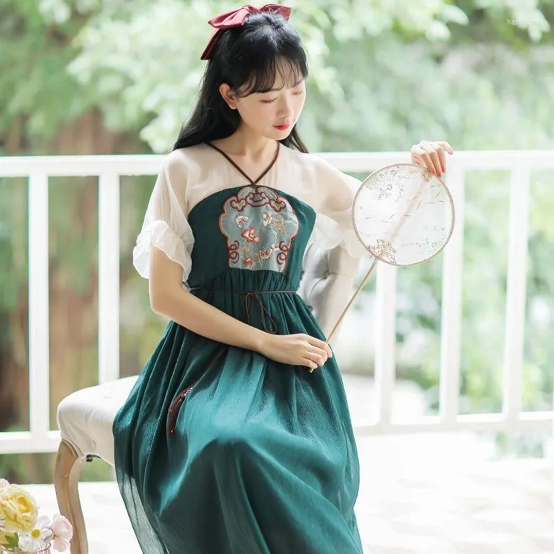Abbigliamento etnico Ragazze estive Abito antico Hanfu tradizionale cinese Elegante ricamo Stage Manica corta Fata principessa Dancewear