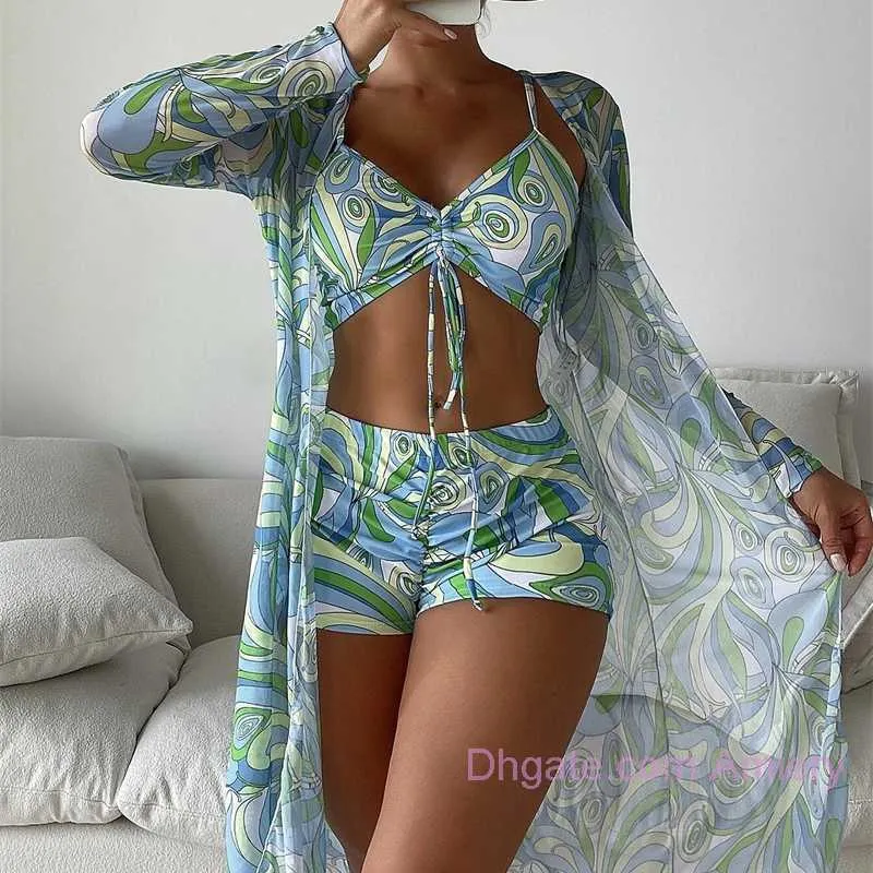 2023 Damen Designer Bikini Split Badeanzug Dreiteiliges Set Cover Up Hohe Taille Langarm Overshirt Kordelzug Strand Bikinis Bademode Sommerkleidung