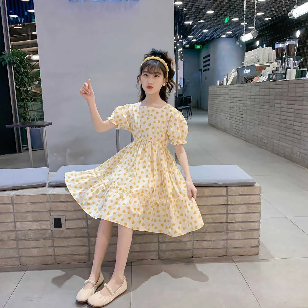 女の子のドレスティーンガールドレスハートパターン子供服子供弓弓新しいパーティーティーン衣装フラワーガールズ服