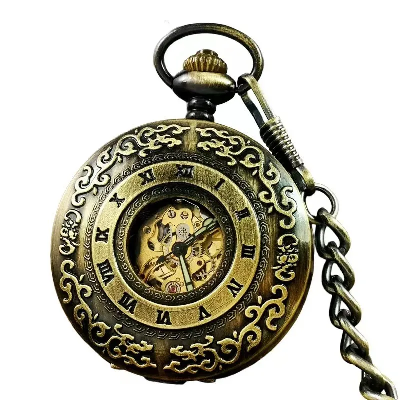 Wholesale of mechanical pocket watches Fashion classic flip watch Perspective Roman relief hollowed out men's and women's casual mechanical