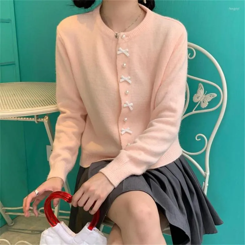 Women's Knits Long Sleeve White Black Shrugs For WKorean Fashion Autumn Winter Japanese Girls Knitted Cardigan Sweet Cute Pearl Bow Pink