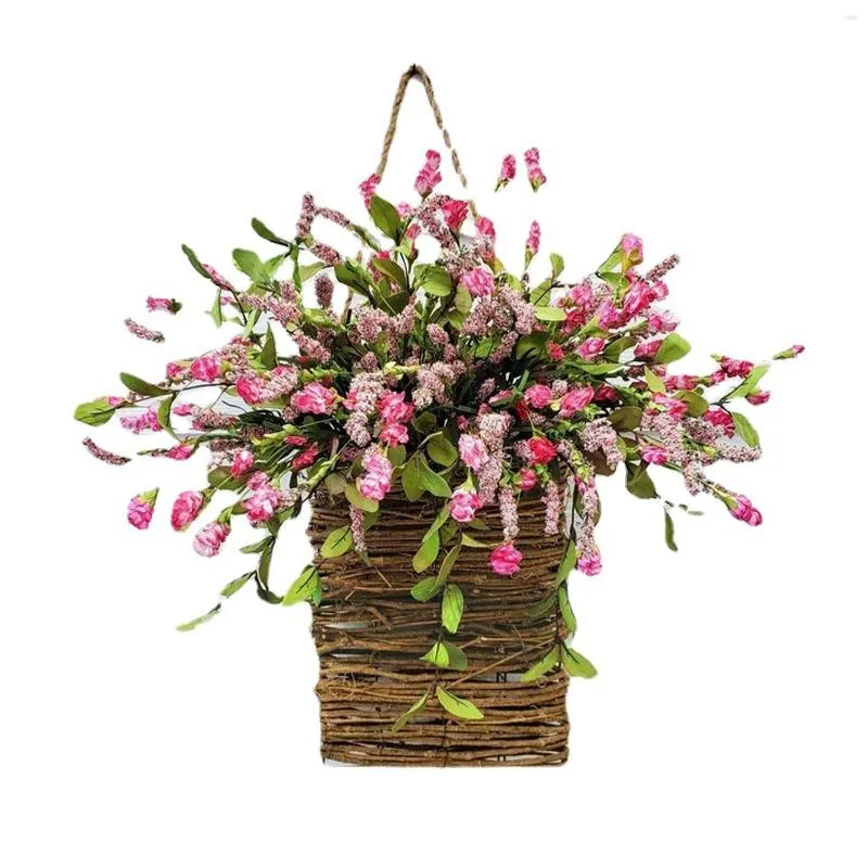Flores decorativas para puerta delantera, corona de primavera, cesta colgante de jardín hecha a mano, porche de boda, oficina, pared de salón, hogar de flores artificiales
