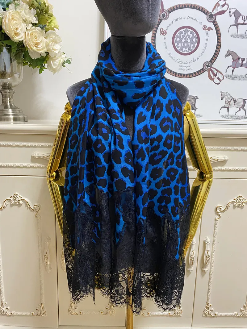 Women Long Cargf Scarves Lace Material Patchwork Print Leopard Grain حجم كبير 210 سم - 70 سم