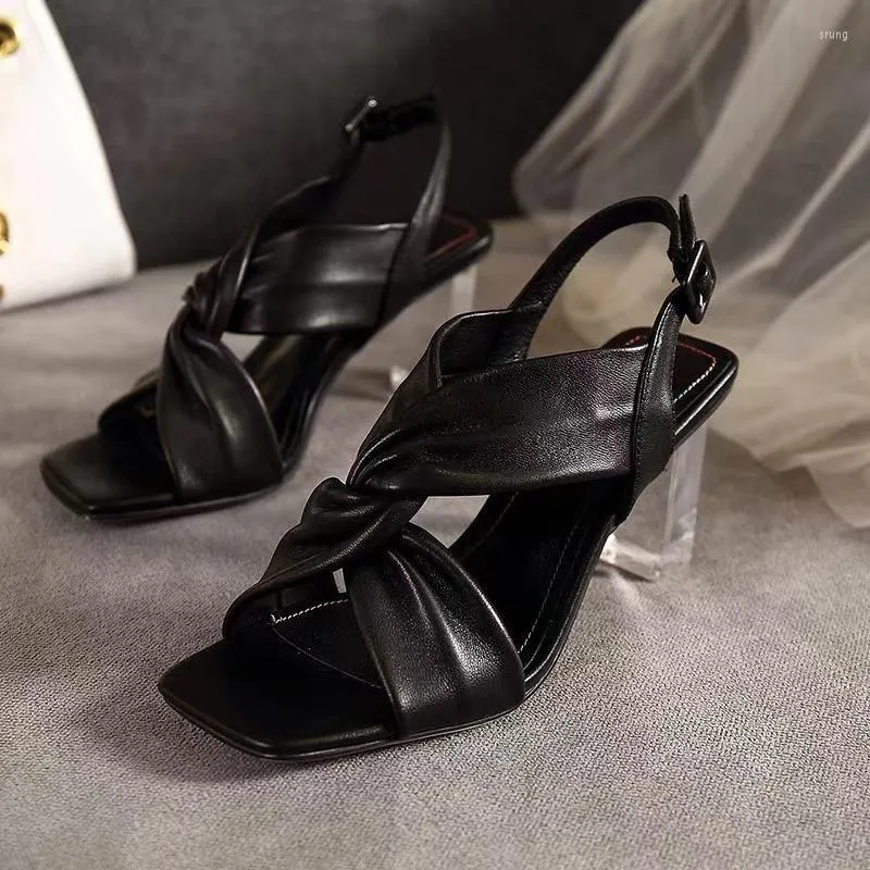 Sandalen 2023 Zomer Vrouwen Open Teen Kristal Hak Schoenen Zacht Leer Dikke Hoge Hakken Vierkante Kop Kruis Riem Mode slingback