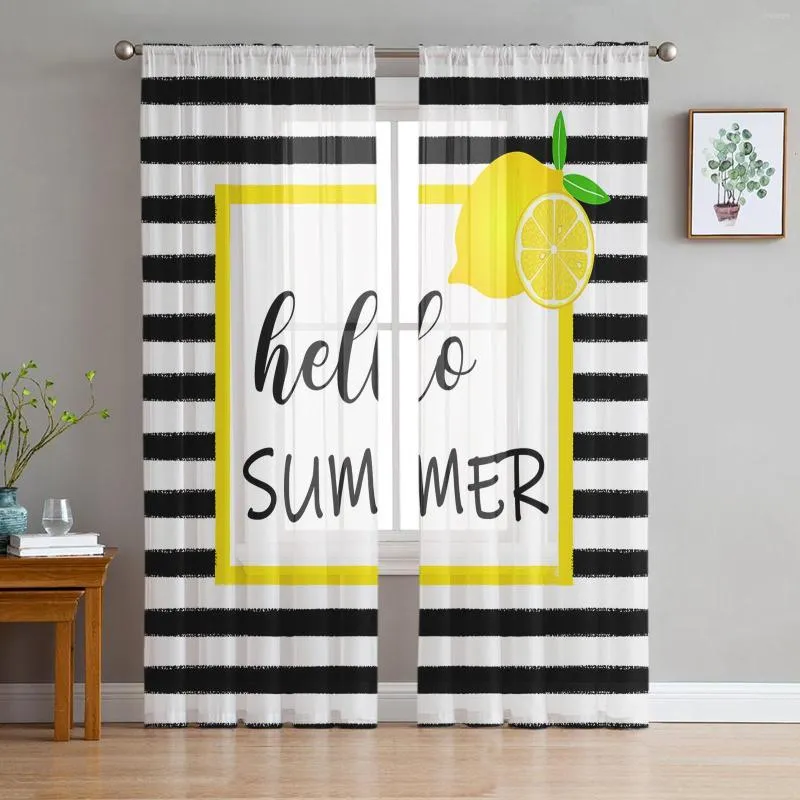 Curtain Summer Lemon Black And White Stripes Modern Tulle For Kitchen Living Room Bedroom Decor Fashion Print Home Sheer Drapes