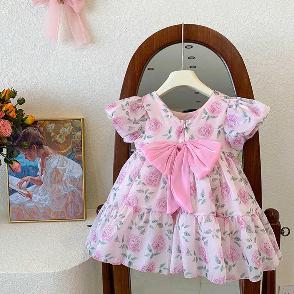 Robes de fille Floral Filles Casual Rose Fleur Imprimé Princesse Robe avec Arc Bébé Fille Mariage Enfants Vêtements Robes