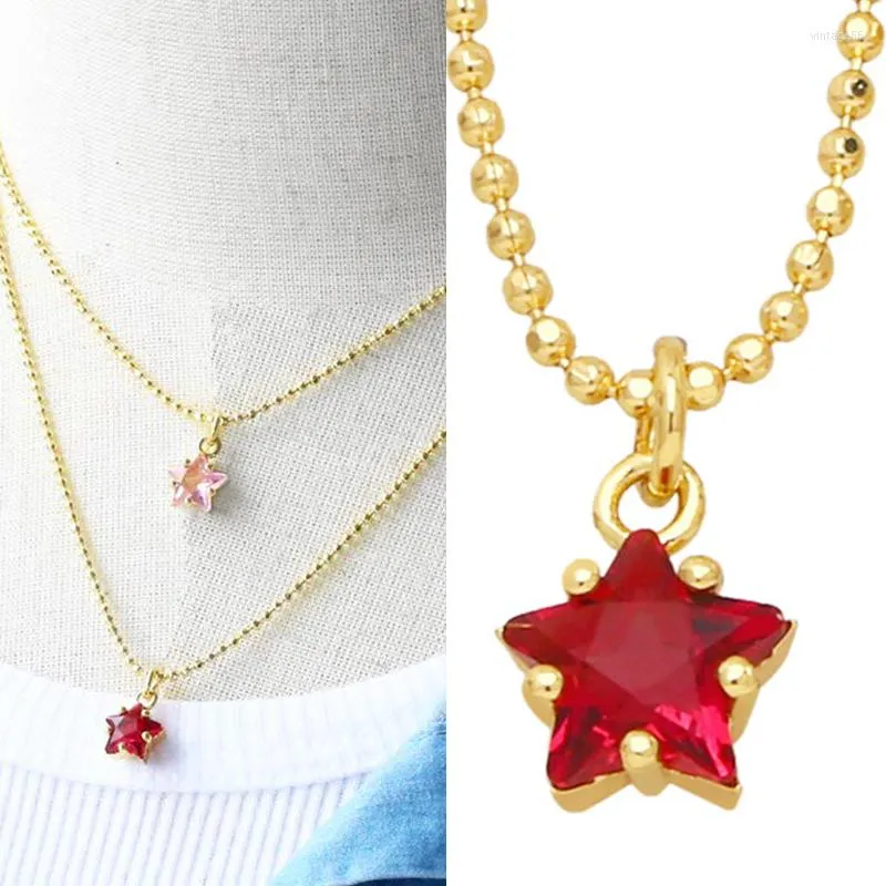 Pendant Necklaces Fashion Mini Red Crystal Star Necklace For Women Girl Trend Copper Rhinestone Beaded Neck Chain Gold Plated Small Luxury