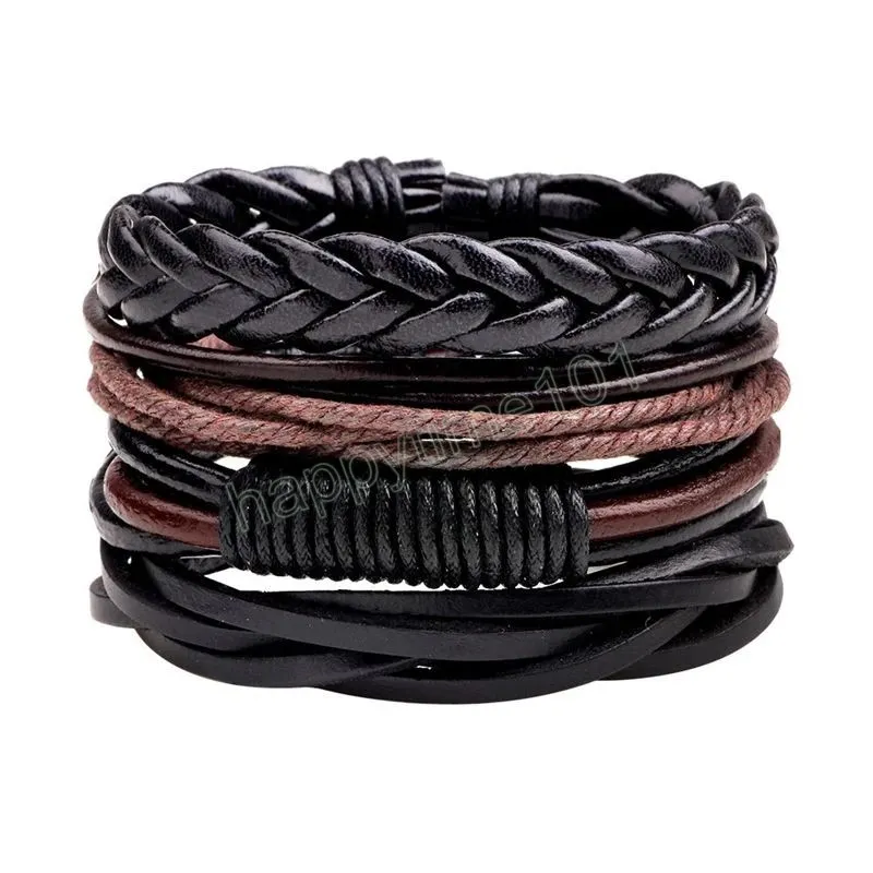 Fashion Men's Hand-woven Multilayer Leather Bracelet Handmade Lace Up Wrist Strap Adjustable Punk Hip-Hop Accessories