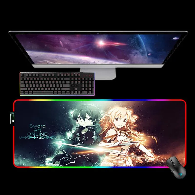 Rests Sword Art Online RGB XXL Mause Pad 90x30cm Anime Nonslip Mousepad Gamer Desk Mat Tangentbord Dator Mouse Pad Deskmat Play Mat