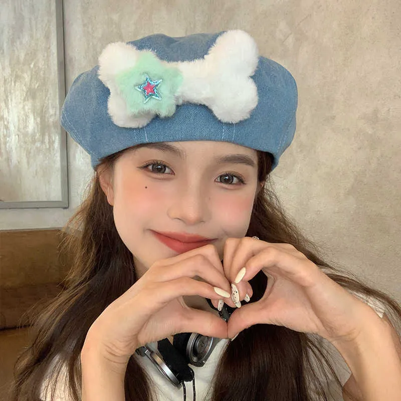 Berets version Y2K plush bone Denim women's Beret Ins cute cloud display face small fashion travel artist hat summer G220612