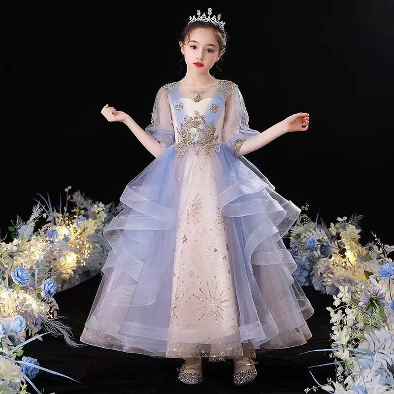 Abiti Da Concorso Blu In Pizzo Blu Bambini, Abiti Da Ballo In