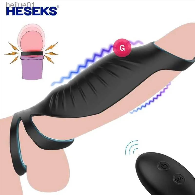HESEKS Male Remote Vibrating Cock Silicone Sleeve Ring Delay Ejaculation Penis Enlargement Sex Toys For Men Testicle Vibrator L230518
