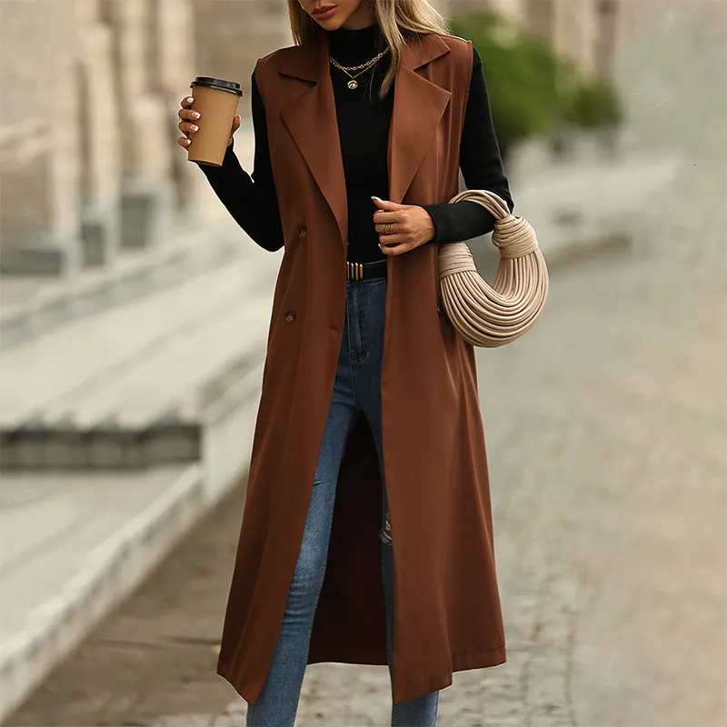 Gabardinas femininas outono e inverno moda lapela sem mangas cinto de cor sólida casaco estendido roupas 230612