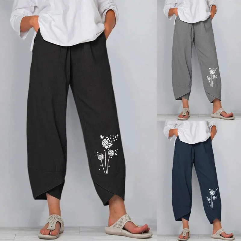 Women's Pants Women Summer Casual Solid Color Cotton Linen Floral Print Pocket Cropped Womens Petite