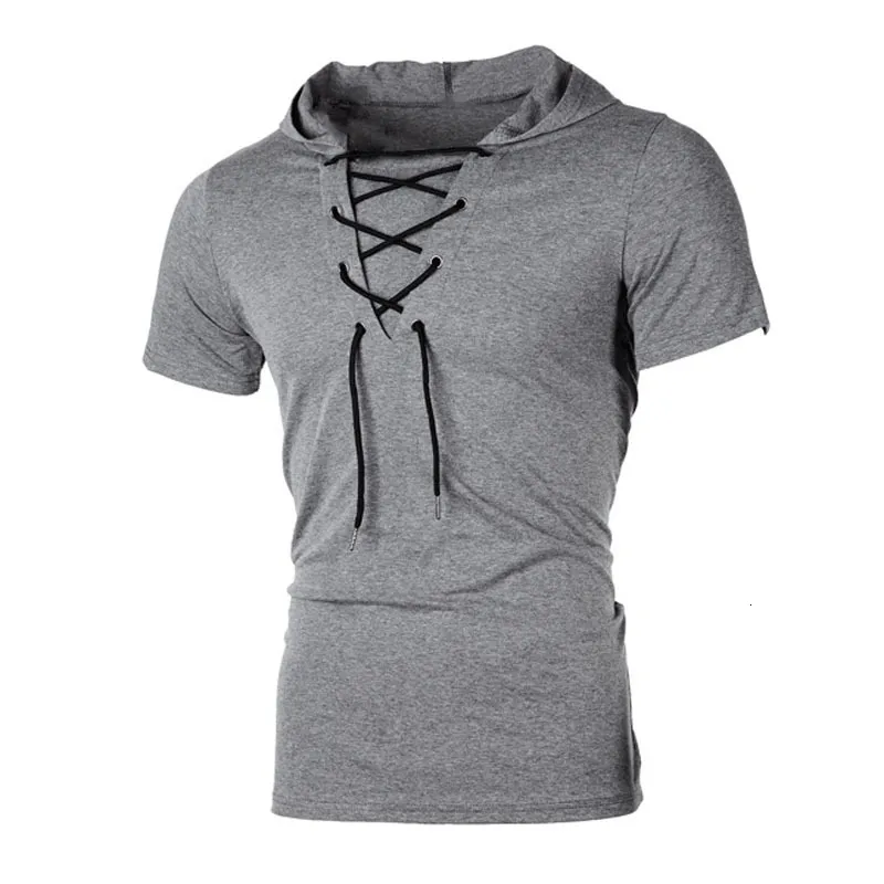 Men's T-Shirts Men T Shirt Summer Personality Hooded Tees Lacing Short Sleeve T-Shirt Homme Slim Fit Sportwear Clothing Mens Tshirt MY104 230612