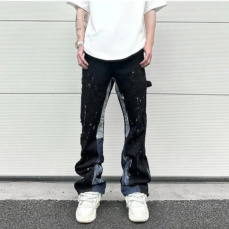 Heren Jeans Hip Hop Contrast Kleur Splice Gespikkelde Inkt Verf Micro Flared Jeans voor Mannen Rechte Baggy Y2K Denim Broek Oversized Cargos 230612