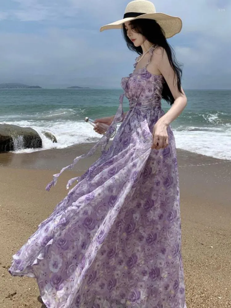 Casual Dresses Summer Purple Print Backless Sleeveless Slip Fairy Ladies Elegant Party A-line Ruffles Sundress Women Fashion Sexy Long