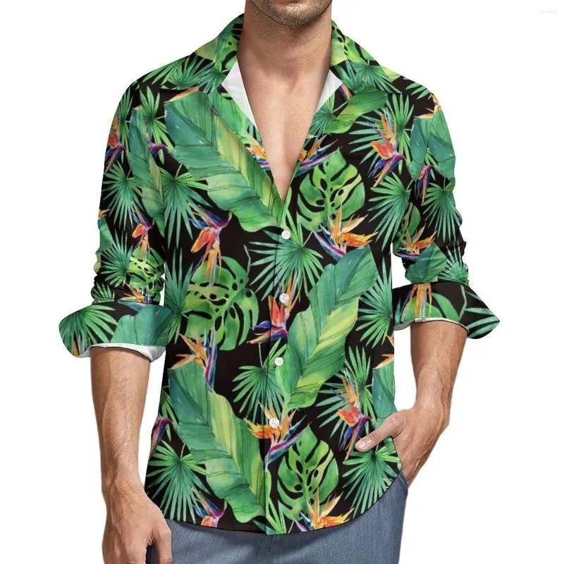 Camisas informales para hombre, camisa estética de hojas tropicales de la jungla, blusas frescas de primavera con estampado de pájaros para hombre, Top de gran tamaño con diseño de manga larga