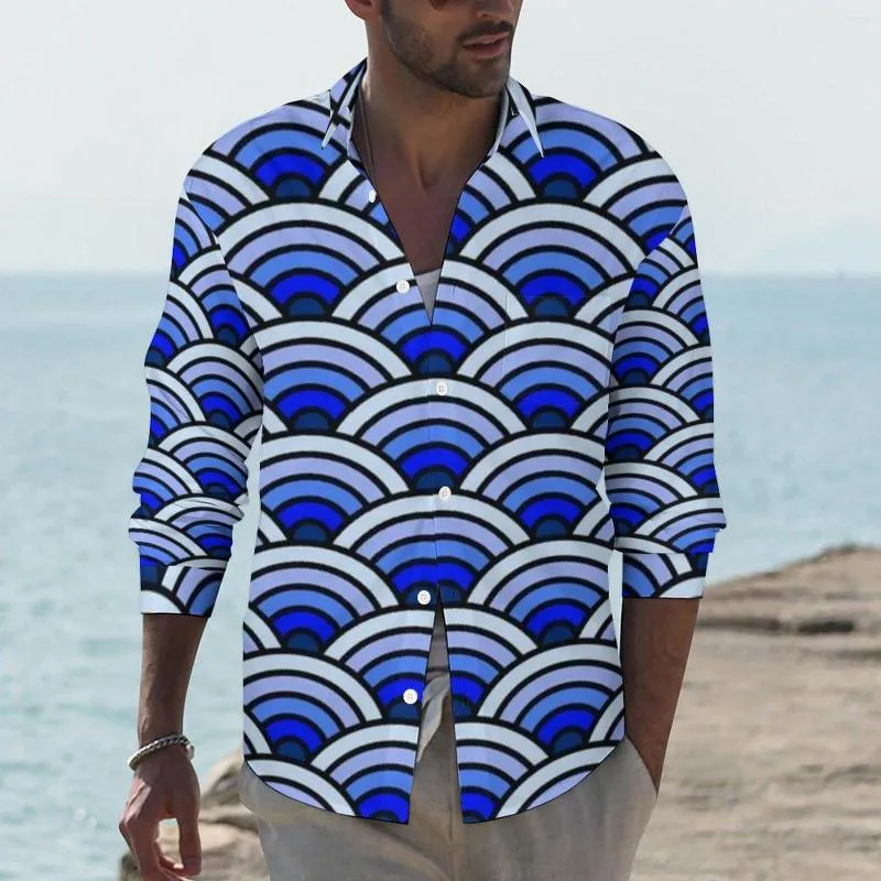 Camicie casual da uomo Blue Waves Seigaiha Street Camicia Uomo Tradizionale giapponese Primavera Moda Camicette Design a maniche lunghe Top oversize