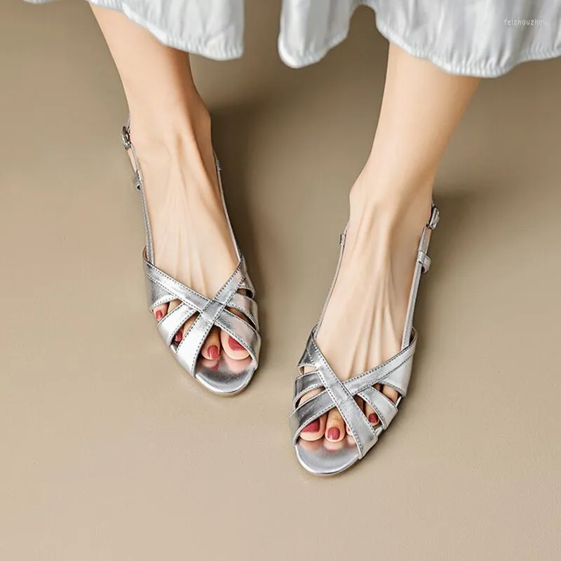 Sandals 2023 Summer Women Open Toe Chunky Heel Split Leather High Heels Narrow Band Shoes Handmade For