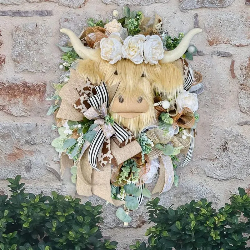 Fleurs décoratives Highland Bovin Vache Tête Couronne Charmes Pendentifs Simulation Artificielle Plante Couronnes Cadeau De Noël Décor À La Maison Pour Intérieur