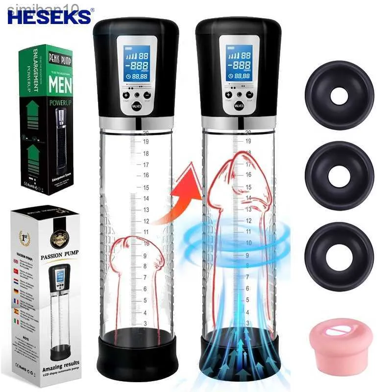 Heseks Electric Penis Pump Förstoring Vakuumpump Male Masturbator Tool Penis Ring Extender Enhancer Sex Toy for Men L230518