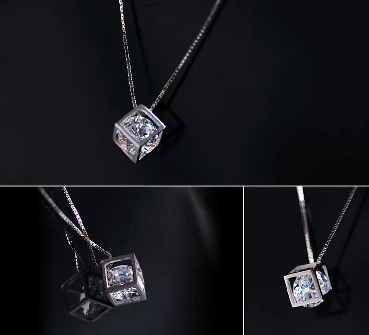 [PRIMAUTE] 925Silver☆Cubic Square Necklace 925 Sterling Silver Cube Pendant Necklace Crystal Square