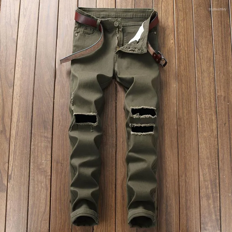 Jeans pour hommes vert militaire pour hommes décontracté grand déchiré taille moyenne couleur unie pantalon mince Hip Hop moto tendance vêtements