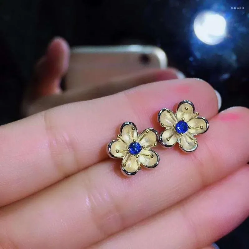 Studörhängen Blomma naturliga och riktiga safir S925 Sterling Silver Jewelry Women Blue