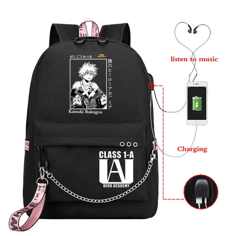 حقيبة الظهر أنيمي My Hero Academia Deku Bakugou Boku No Hero Academia School Bags for Girls Female Perme Lackpack Propack USB Backpack Backs J230517