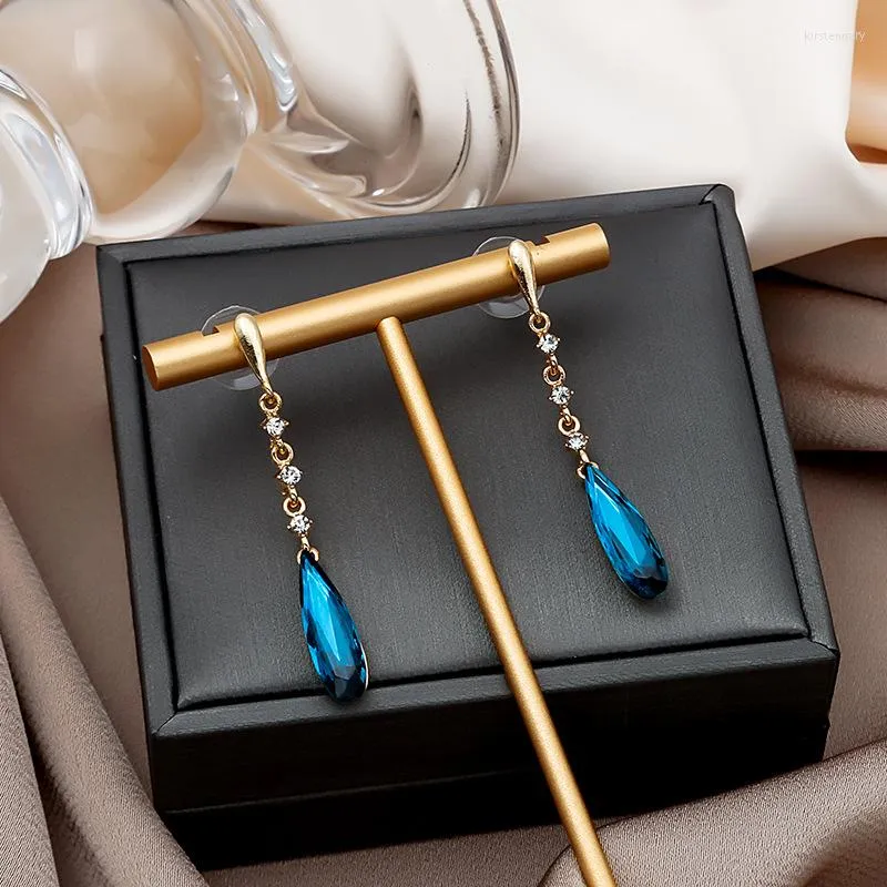 Dangle Oorbellen Blauw Kristal Vrouwen Drop Bohemian Goud Kleur Lange Hanger Zirkoon Dames Bohemen