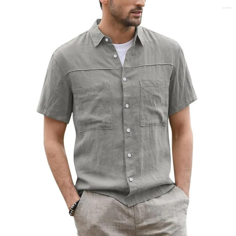 Mannen Casual Shirts 2023 Zomer Mode Button-Up Mannen Shirt Katoen Linnen Korte Mouw Twee Zakken Brede Kraag tops Kleding Streetwear