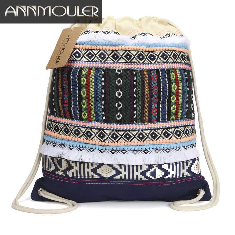 バックパックAnnmouler New Design Women Backpack Bohemian Style Hobo Bag Bage Capacity Tribal Drawstring Bag Aztec Tassel Rucksack 2 Colors J230517