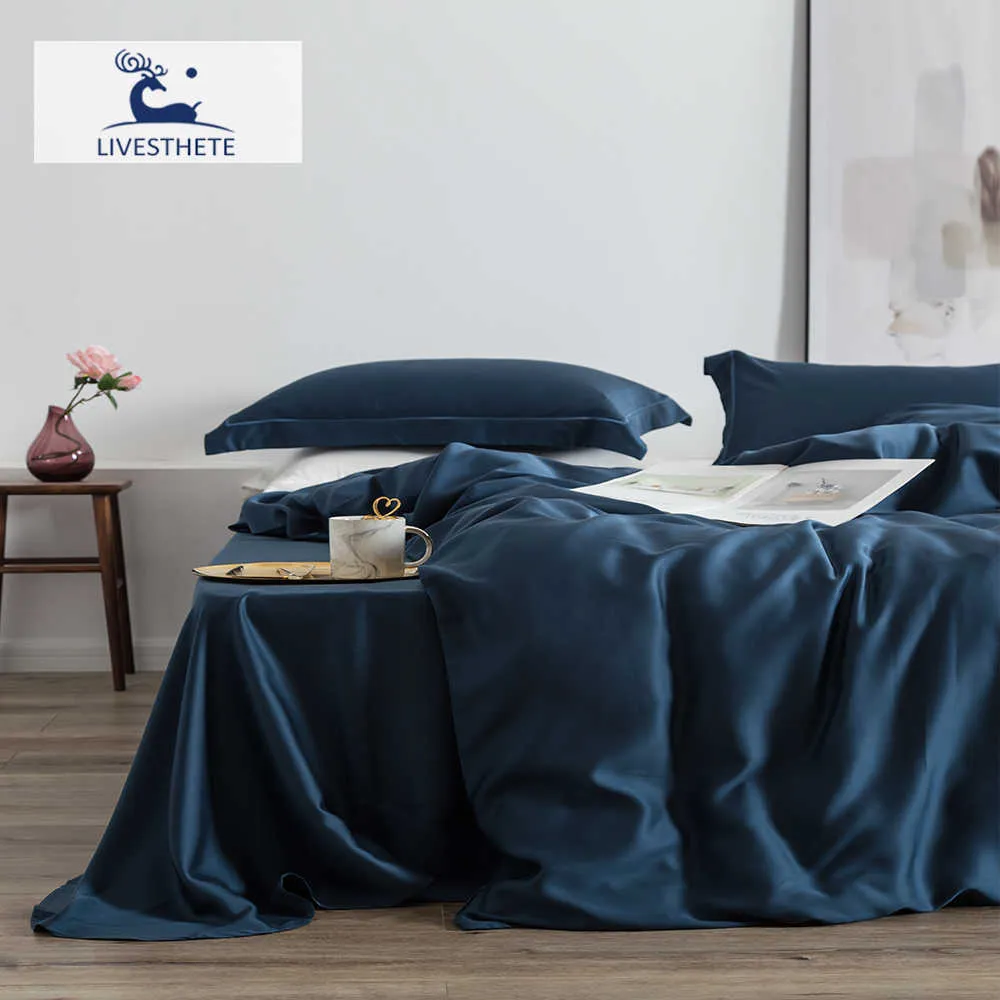 Set di biancheria da letto LivEsthete Luxury 100 Set di biancheria da letto in seta blu Silky Beauty Queen King Copripiumino Set di lenzuola piatte Set di biancheria da letto Z0612