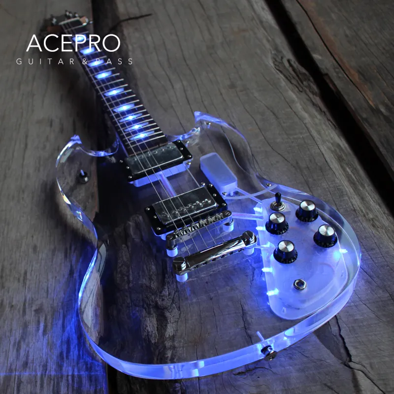 Acepro Blue LEDS Light Electric Guitar Acrylic Body Crystal Guitarra Transparent PickGuard Chrome Hårdvara Hög kvalitet